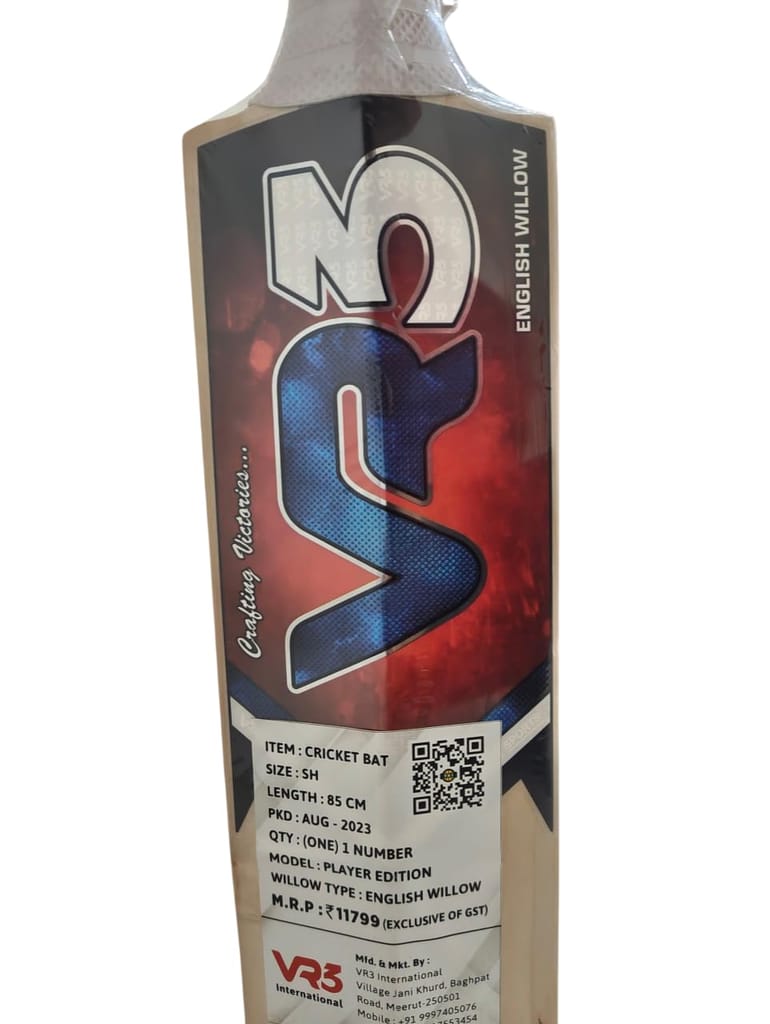 VR3 INTERNATIONAL | VR3 Player Edition English Willow Cricket Bat, Grade A+ Professional, Leather Ball, 1200g, Natural Wood