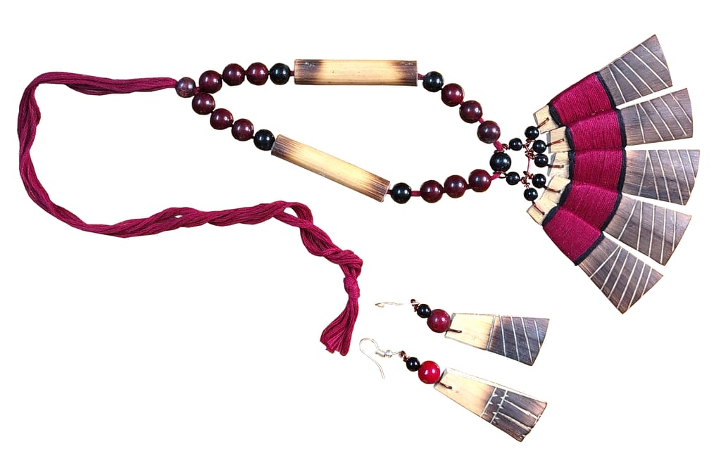 Ethnic Maroon Beaded Wooden Necklace & Earrings Set for Women