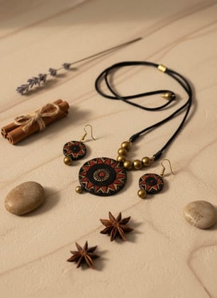 Handcrafted Terracotta Red and Black Necklace & Matching Earrings Set