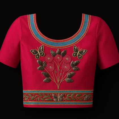 Women's Fuchsia Embroidered Poly Silk Blouse with Butterfly Motif