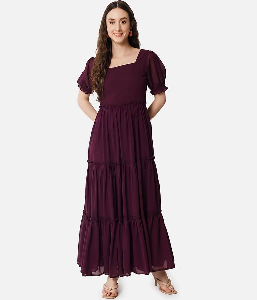JASH CREATION Women Georgette Solid Fit & Flare Dress ( Wine )