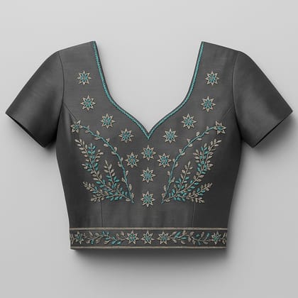 Elegant Dark Grey Silk Blouse with Intricate Floral Embroidery