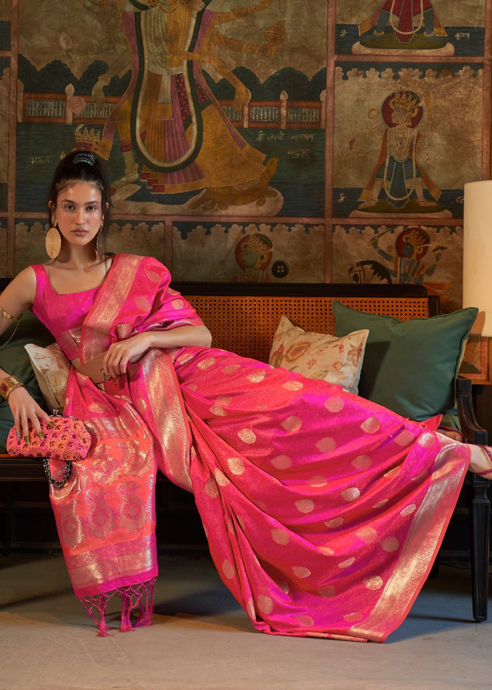 Fuchsia Pink Woven Banarasi Satin Silk Saree