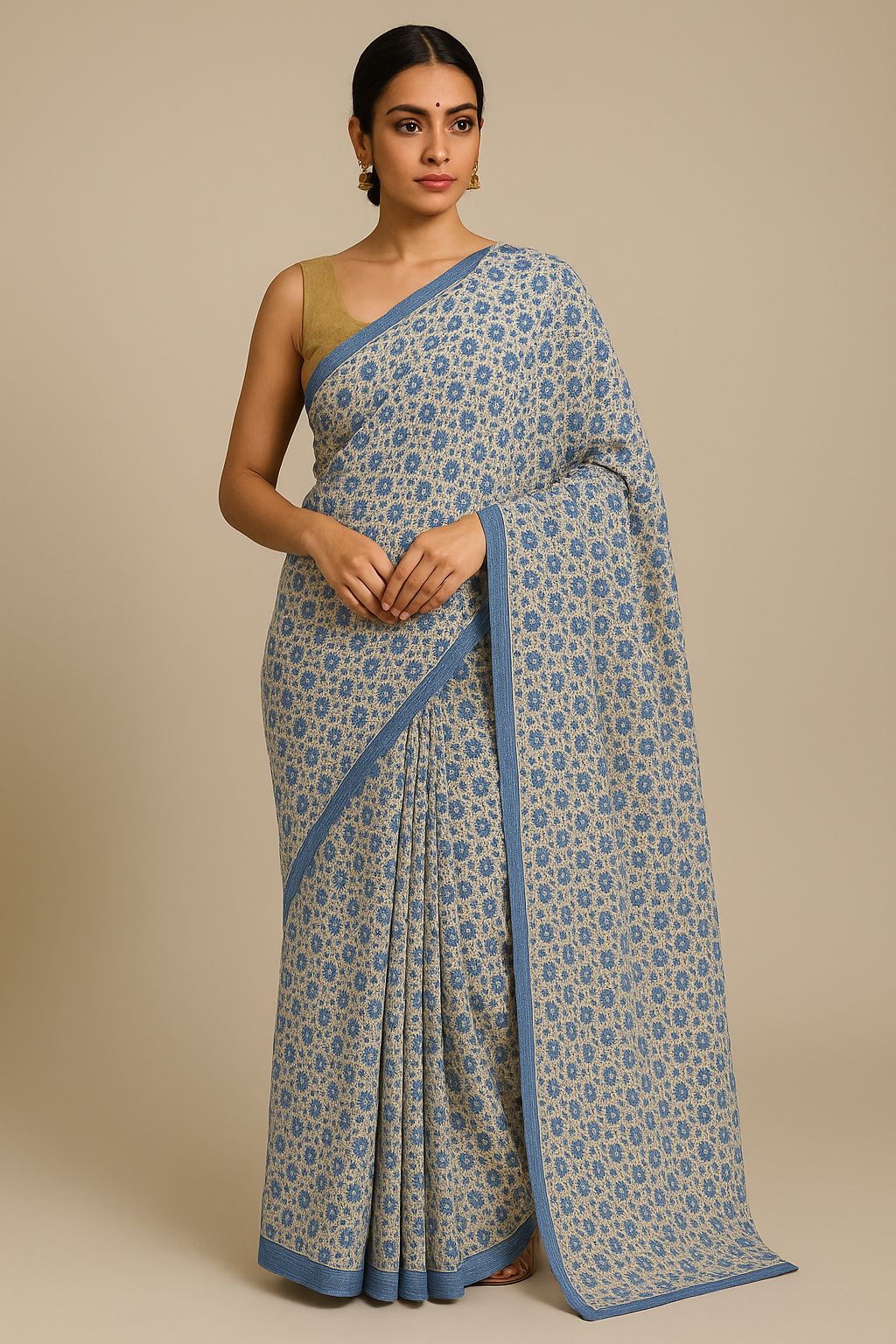 Chhipa Hand Block Printed Kota Doria Saree with Blue Floral Design