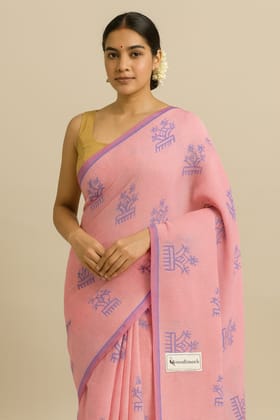 Chhipa Hand Block Printed Light Pink Kota Doria Saree 