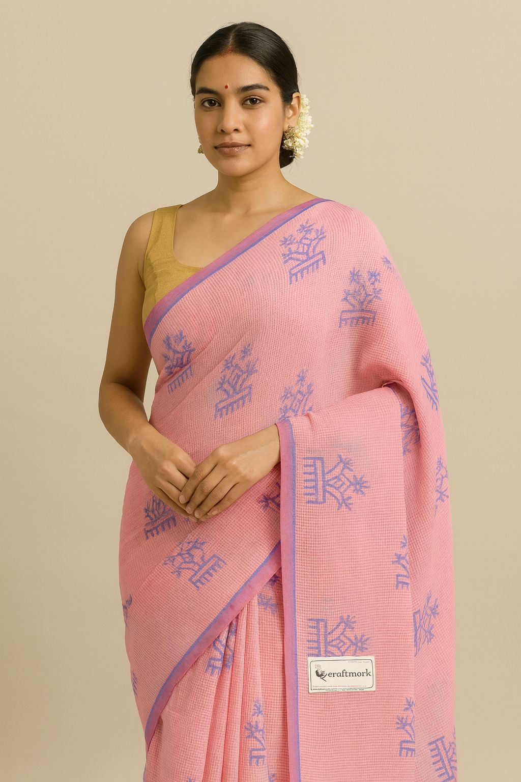 Chhipa Hand Block Printed Light Pink Kota Doria Saree 