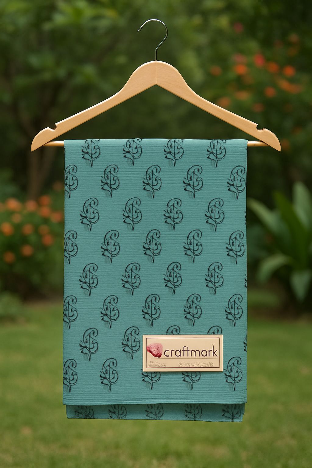 ChhipaHand Block Printed Light Blue Kota Doria Saree with Floral Motifs