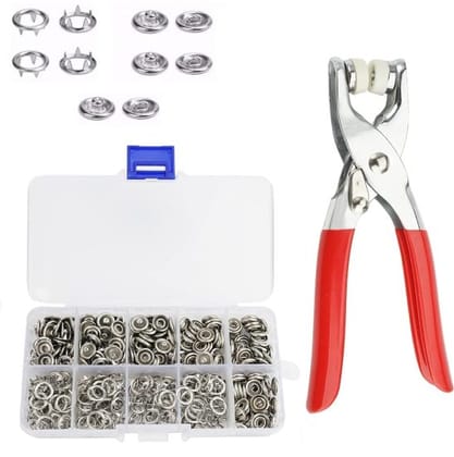 WUGO::Premium Snap 2 Type Silver Button Fasteners Kit with Hand Pressure Plier | Thickened Metal Five-Claw Copper Rivet Snap Buttons Set for DIY Sewing, Leather Craft, Clothes, Bags & Tailoring Tools