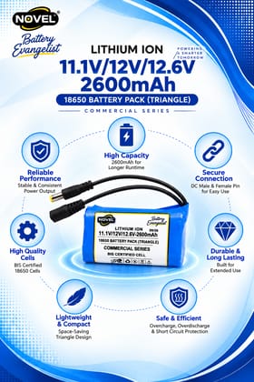 NOVEL 11.1V / 12V / 12.6V 18650 BMS LITHIUM ION TRIANGLE BATTERY PACK WITH DC FEMALE + MALE- 2600mAh
