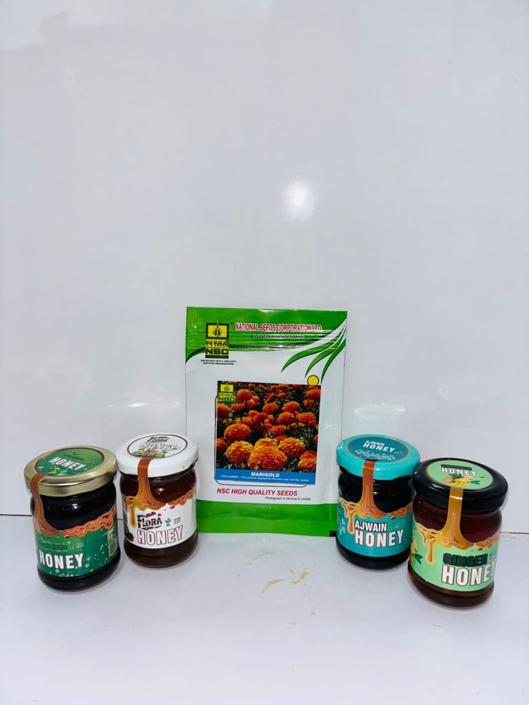 NSC Marigold Seeds 10 gram Free with & Pure Honey Collection Neem Honey, Flora Honey, Ajwain Honey, Ginger Honey 150 gram each