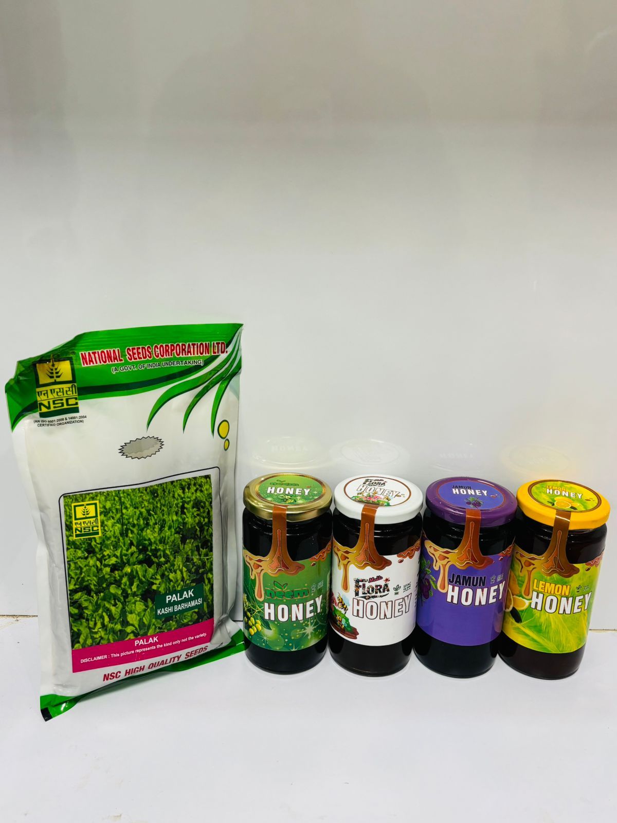 Premium Honey Collection (Flora, Jamun, Neem, Lemon 500 gram each) & NSC Palak Seeds 200 gram Combo