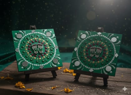 Handcrafted Green LAXMI Feet Decorative Squares with Mirror Work