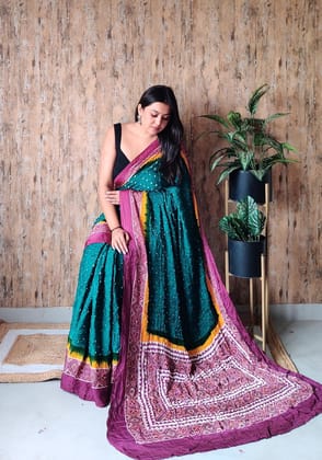 Royal Teal Green & Wine Bandhani Saree with Traditional Gharchola Pallu