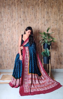 Designer Gaji Silk Bandhej Saree in Indigo Blue & Deep Red | Festive Wedding Wear