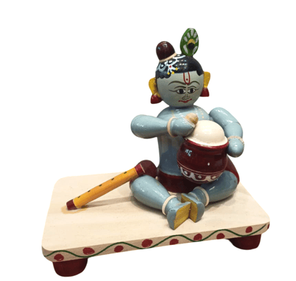 Handcrafted Wooden Baby Krishna Idol with Butter Pot & Flute