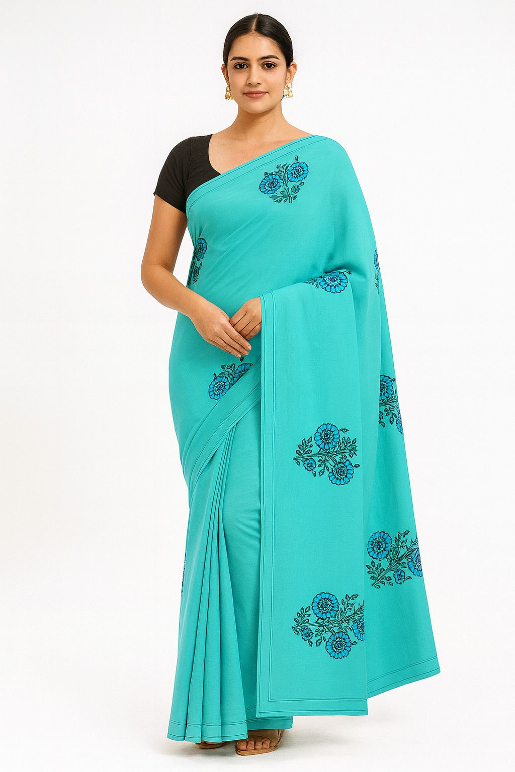 Ocean Bloom Handcrafted Cotton Saree – Serenity in Style