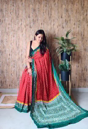 Royal Maroon Red and Peacock Green Bandhani Saree with Traditional Gharchola Pallu