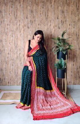Royal Bottle Green & Tomato Red Bandhani Saree with Traditional Gharchola Pallu