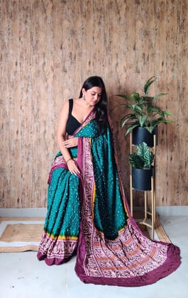 Designer Gaji Silk Bandhej Saree in Teal Green & Wine Purple | Festive Wedding Wear