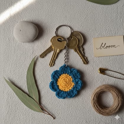 Crochet Teal Blue & Yellow Flower Keychain Handmade Accessory