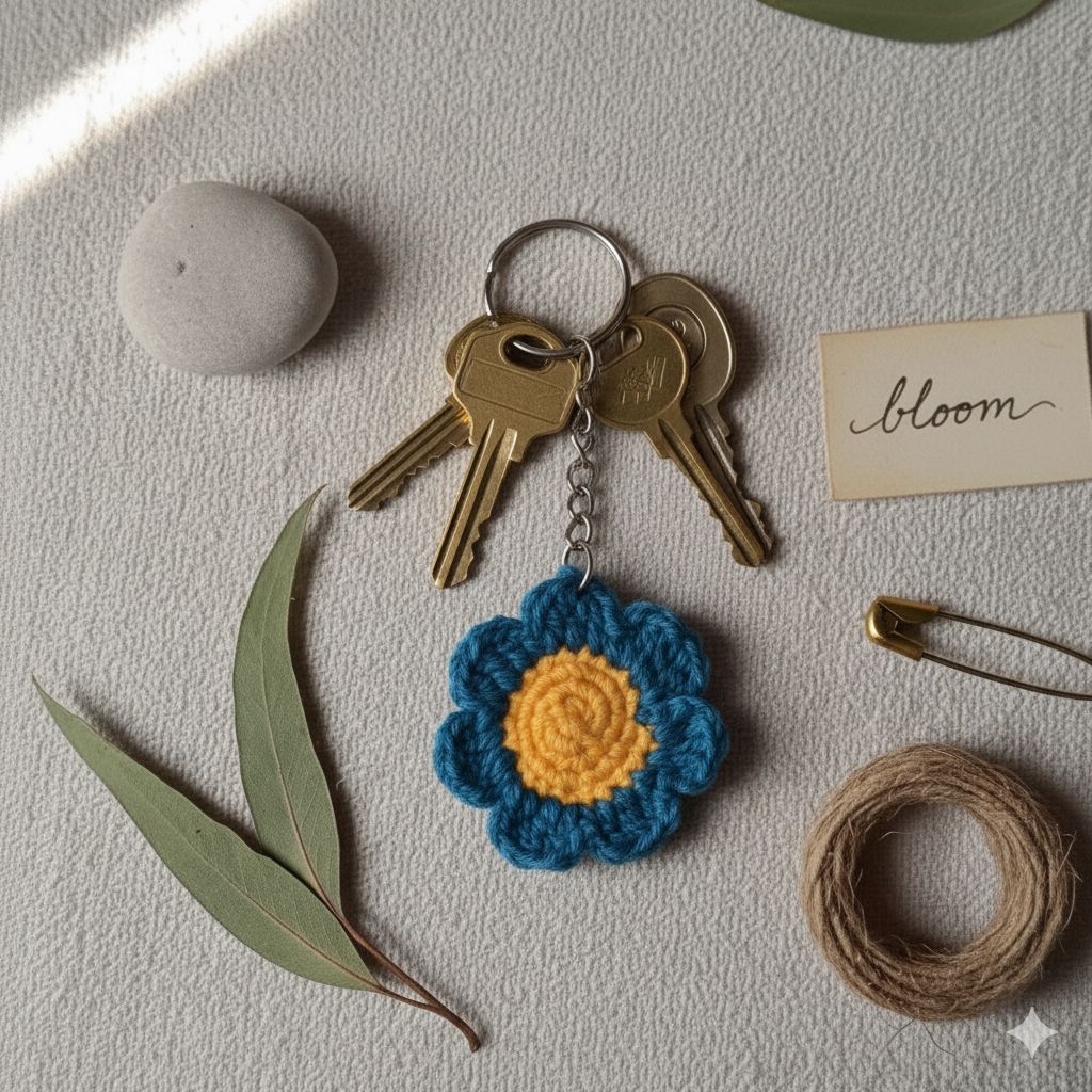 Crochet Teal Blue & Yellow Flower Keychain Handmade Accessory