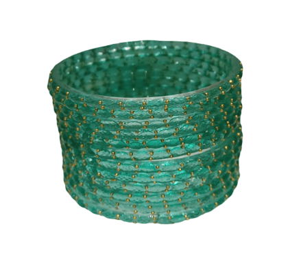 Elegant Sea Green Glass Bangles with Gold Studs Set of 24