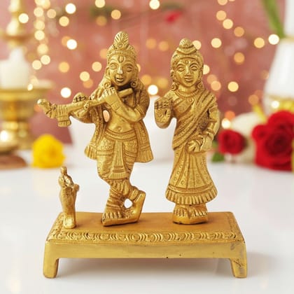 Brass Radha Krishna Idol With Chowki - Puja Decor Statue, Height : 4 Inch (BSMAS1131 B)