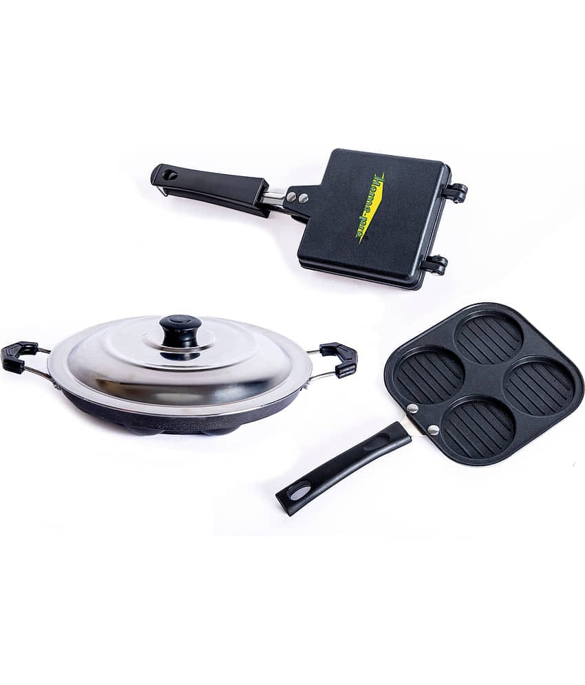 Homepro Non-Stick Set, Appam with Steel Lid 12 Cavity , Mini Uttapam 4 Cavity, Bread Toaster (Pack of 3)