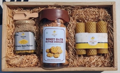 Nectar Pure Gift Set: Honey with almonds n cashews, Rose Gulkand, Handmade Cookies & Beeswax Candles From Aryahi