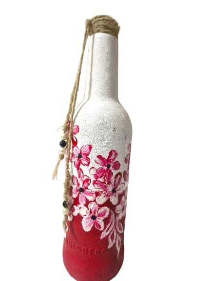 Hand-Painted Red & White Glass Bottle with Pink Floral Design and Jute Embellishment