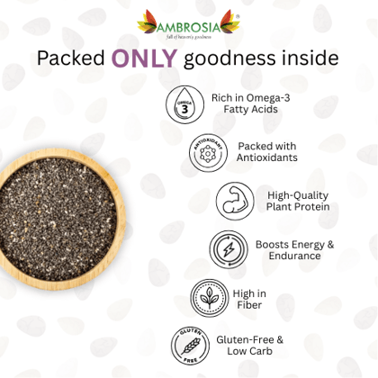 Ambrosia Raw Unroasted Chia Seeds Pouch 250g | Chia Seed for Weight Loss Omega 3| Fibre (Pack of 1)