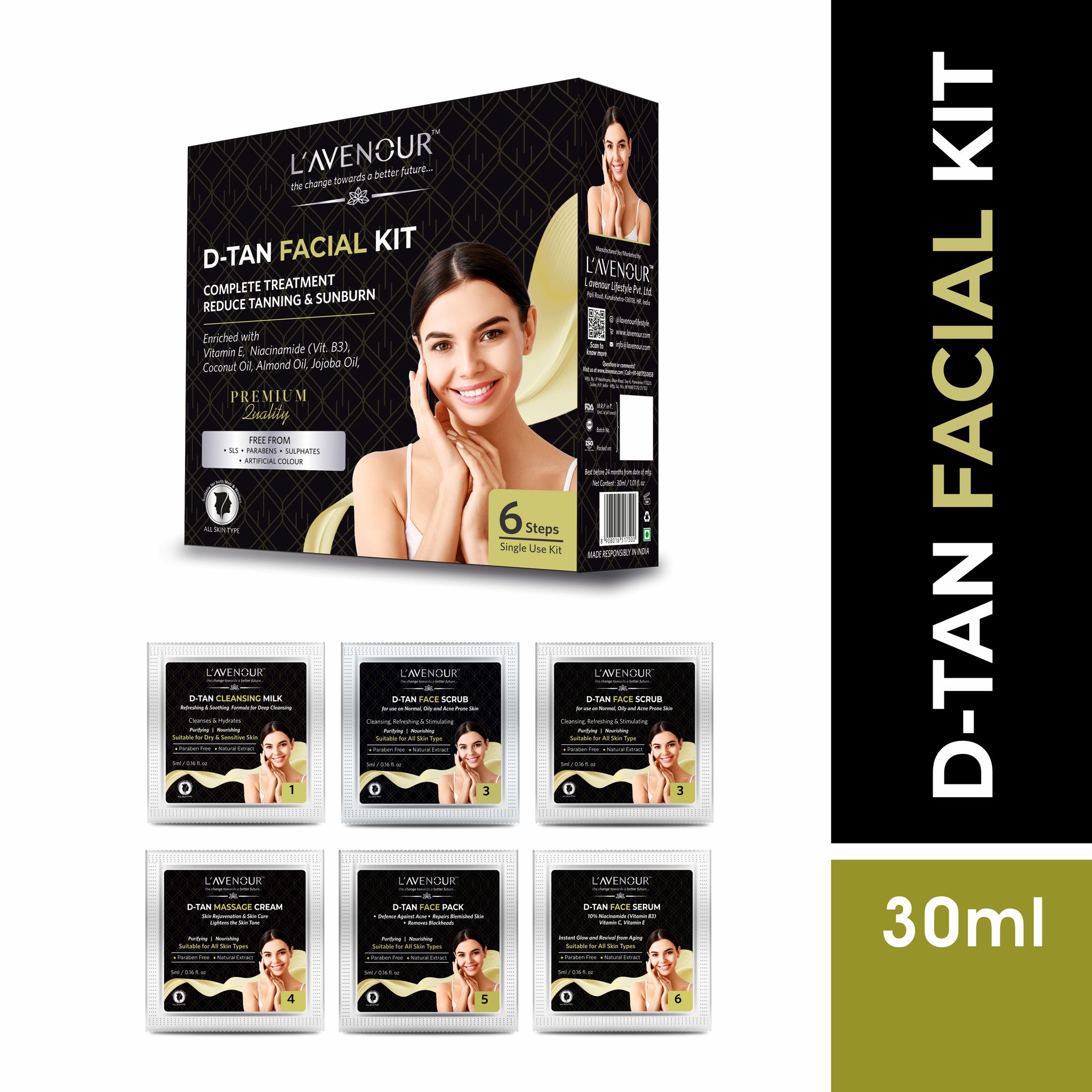 L'avenour D-Tan Facial Kit For Instant Glow, Smoothes Skin, Reduce Tanning & Pigmentation - 30ml