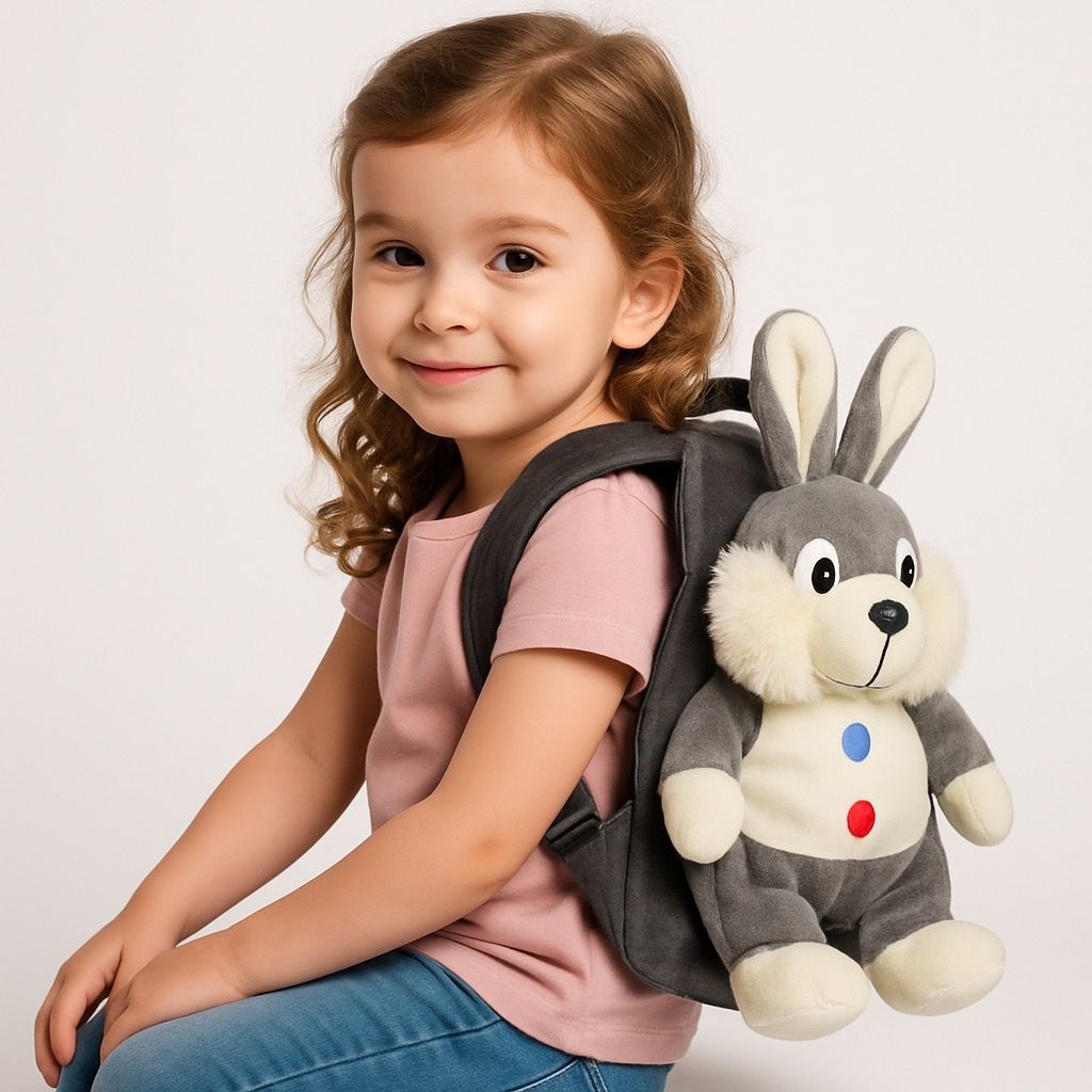 Kids Rabbit School Bag Soft Plush Backpack Cartoon Toy for Boys Girls Age 2-6 Years Nursery Preschool Picnic Travel Bag Grey