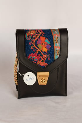 Elegant Black Crossbody Bag with Intricate Floral Embroidery