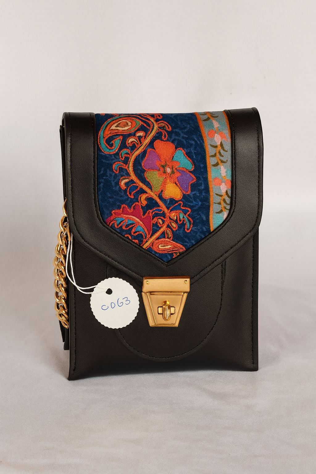 Elegant Black Crossbody Bag with Intricate Floral Embroidery