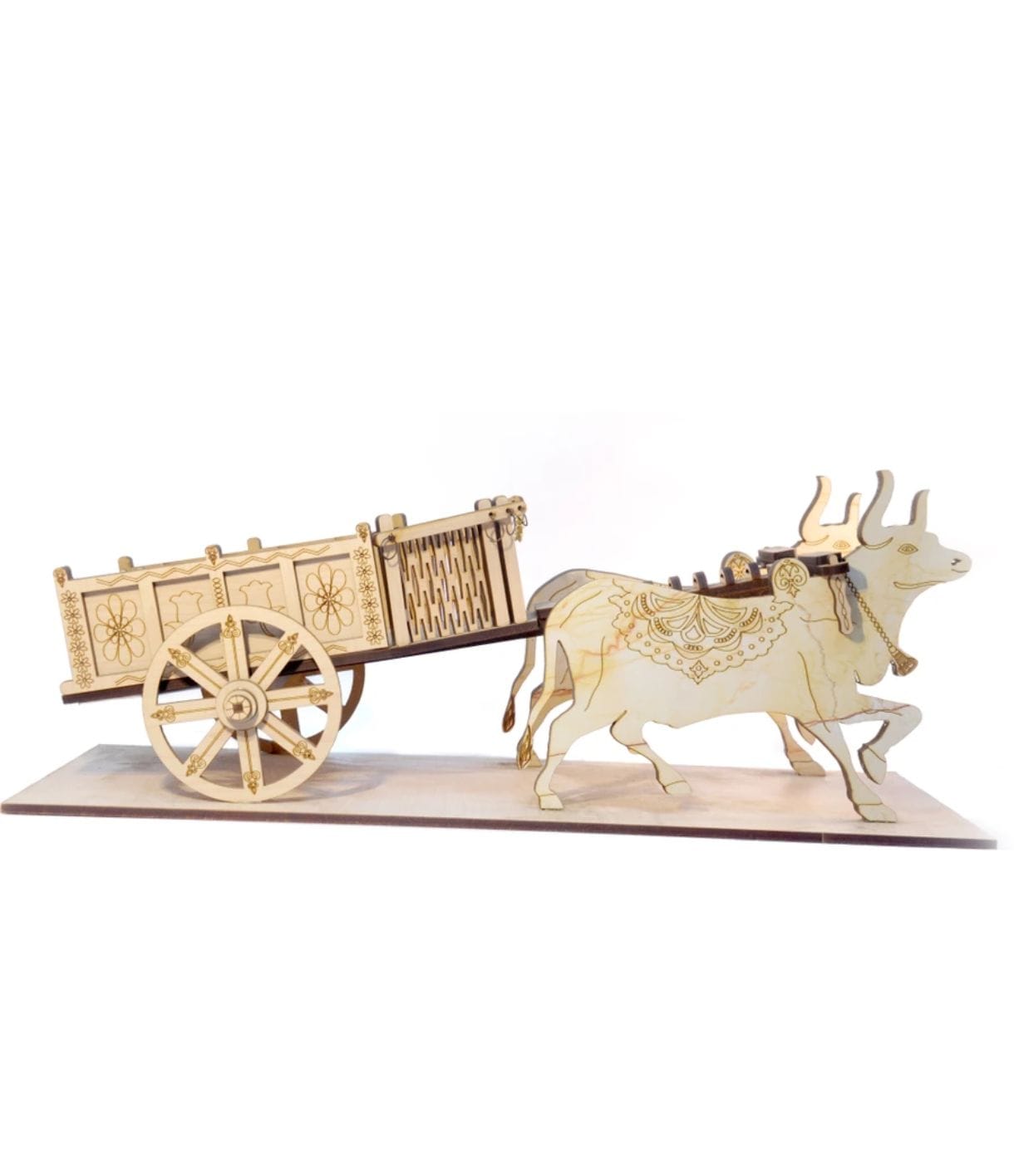Handcrafted Wooden Bullock Cart Model with Intricate Engravings | Traditional Decor Showpiece