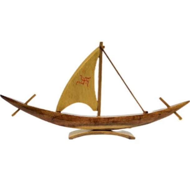 Handcrafted Wooden Decorative Sailboat Showpiece with Swastika Sail