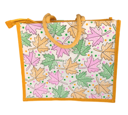 Colorful Leaf Print Jute Tote Bag with Zipper and Rope Handles