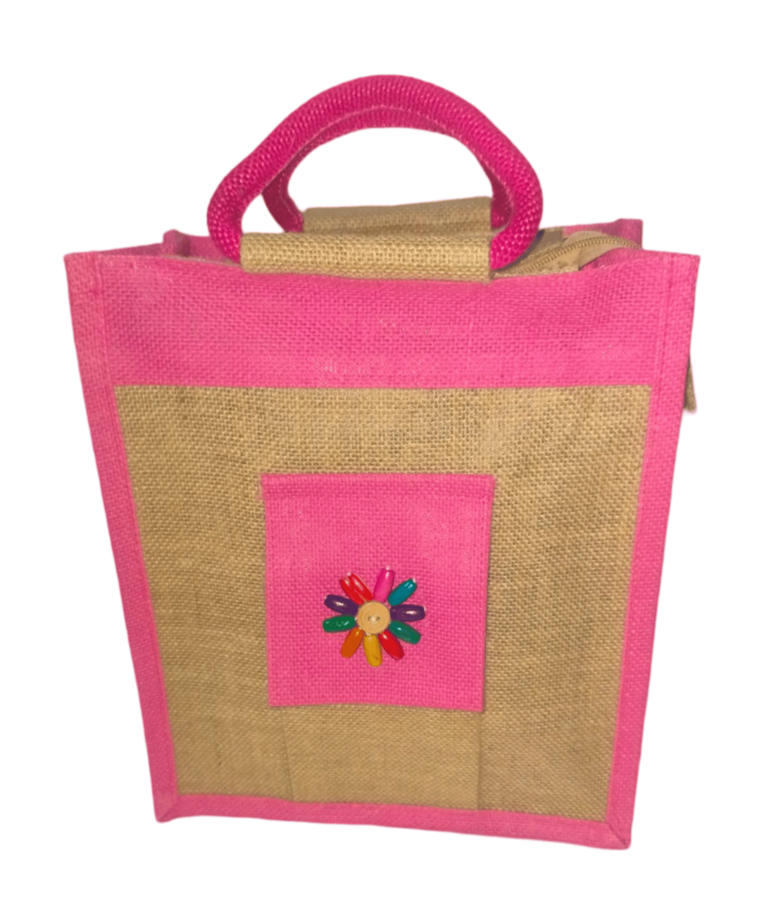 Handmade Jute Lunch Bag with Hot Pink Accents & Multicolor Floral Design