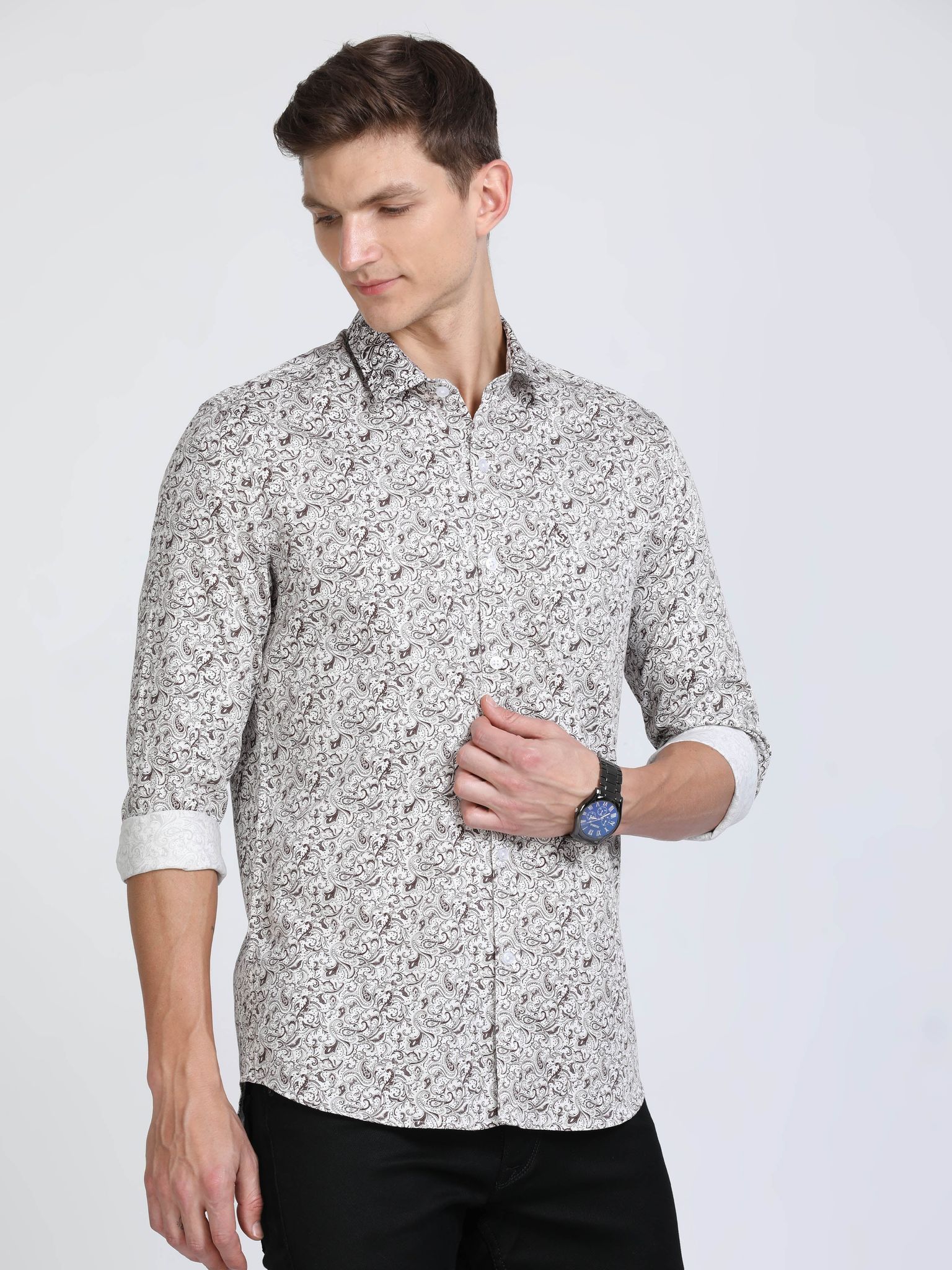 Classic Polo Mens Pure Cotton Full Sleeves Floral Slim Fit Polo Neck White Color Woven Shirt | So2-168 A-Fs-Prt-Sf