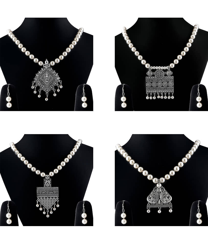 SILVER SHINE Silver Plated Traditional Designer Pearl Set Combo For Women