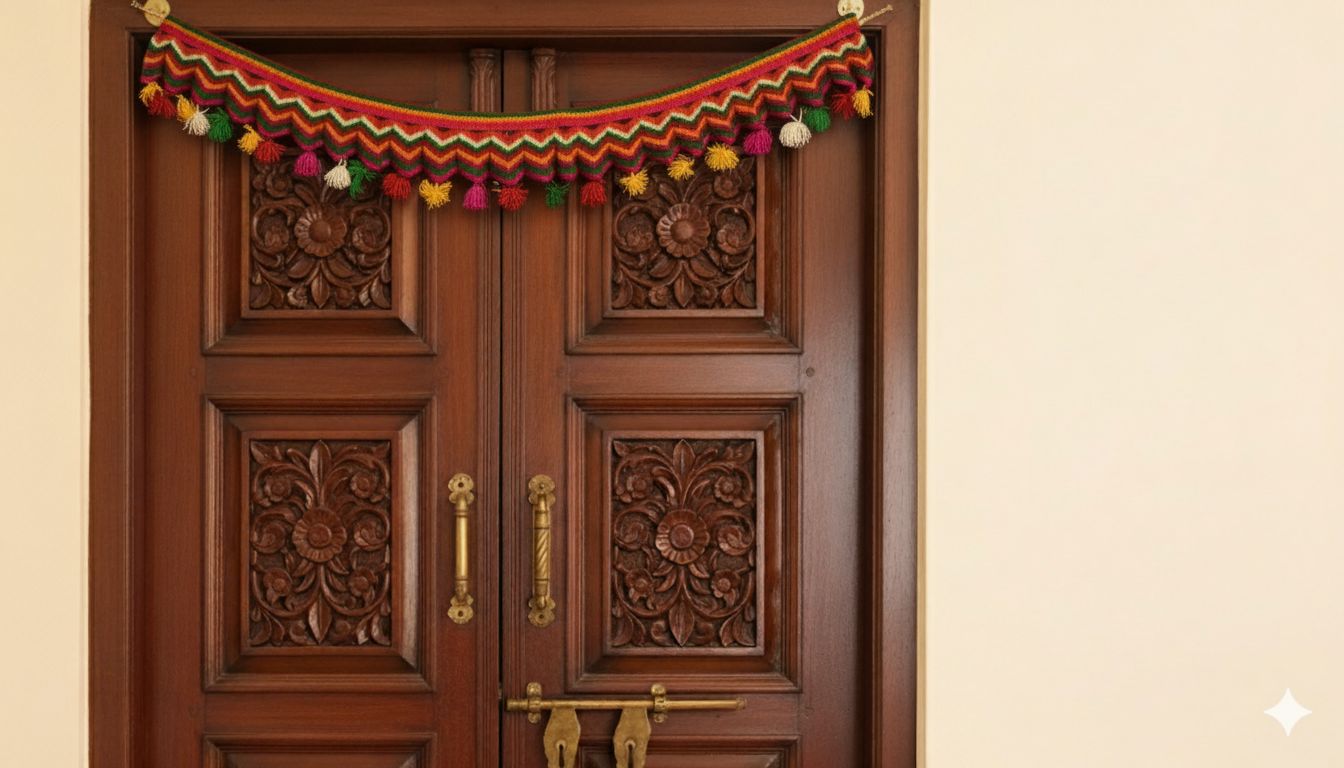 Vibrant Handmade Knitted Zigzag Door Toran with Colorful Pom-Poms