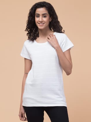 Hive91 Womens White Cotton T-Shirt with Horizontal Self Stripes XXL
