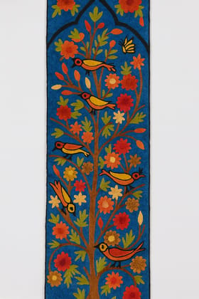 Hand-Embroidered Blue Tree of Life Wall Hanging with Birds & Flowers