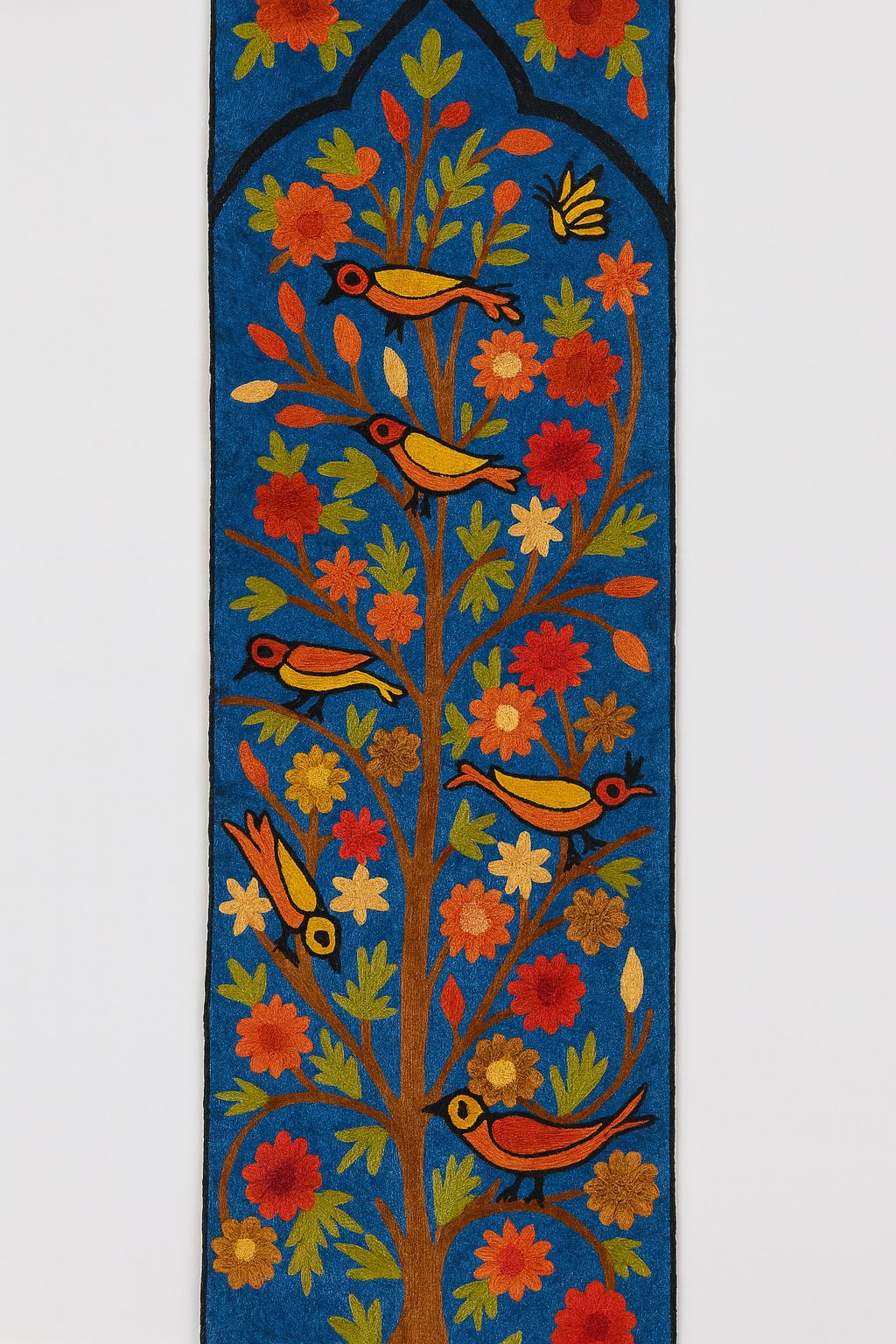 Hand-Embroidered Blue Tree of Life Wall Hanging with Birds & Flowers