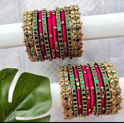 Hot Pink Silk Thread Gold Plated Bangle Set with Green Stones