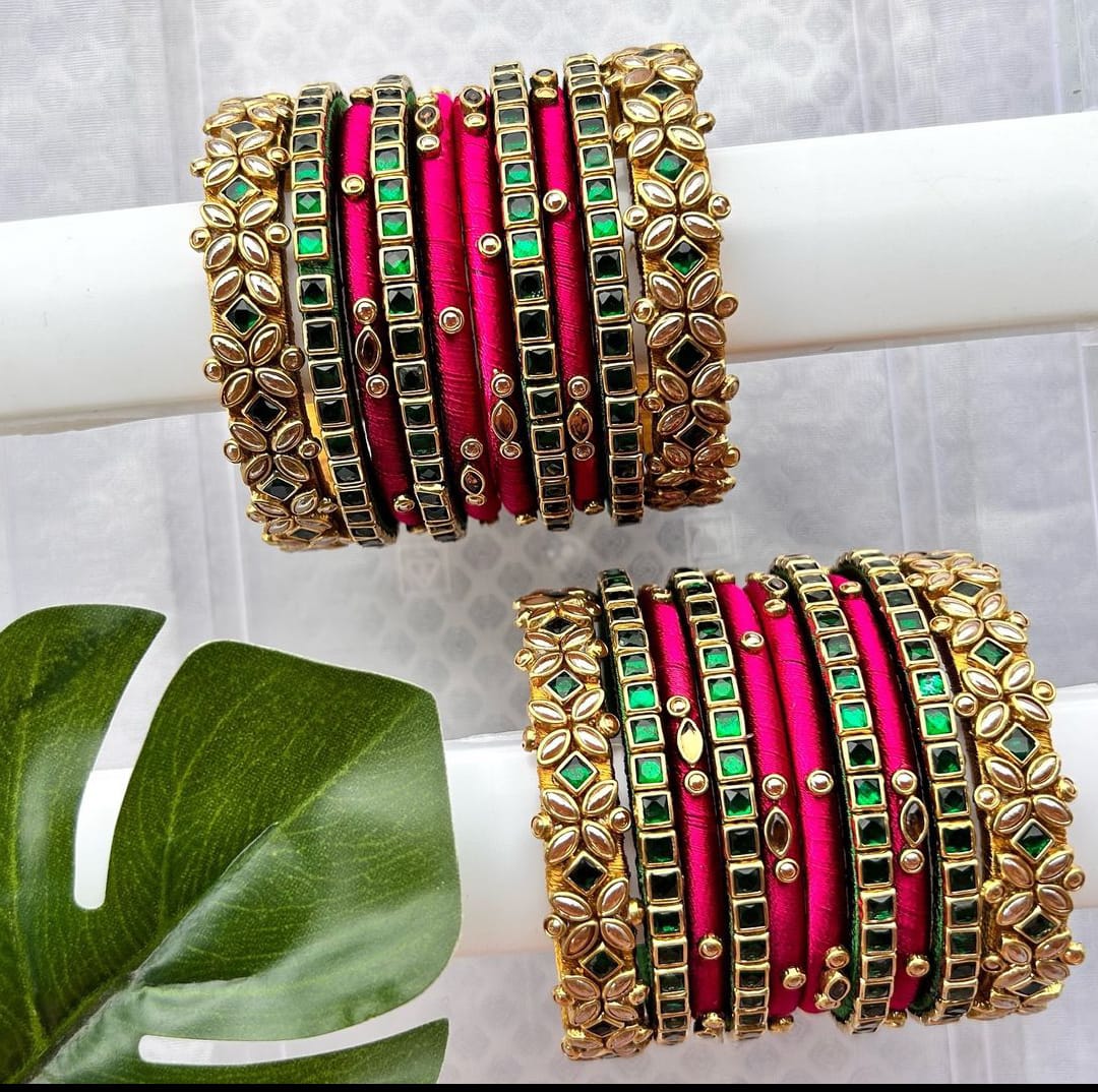 Hot Pink Silk Thread Gold Plated Bangle Set with Green Stones