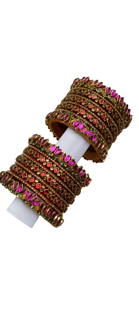 Traditional Antique Gold Plated Bangle Set with Red & Magenta Stones