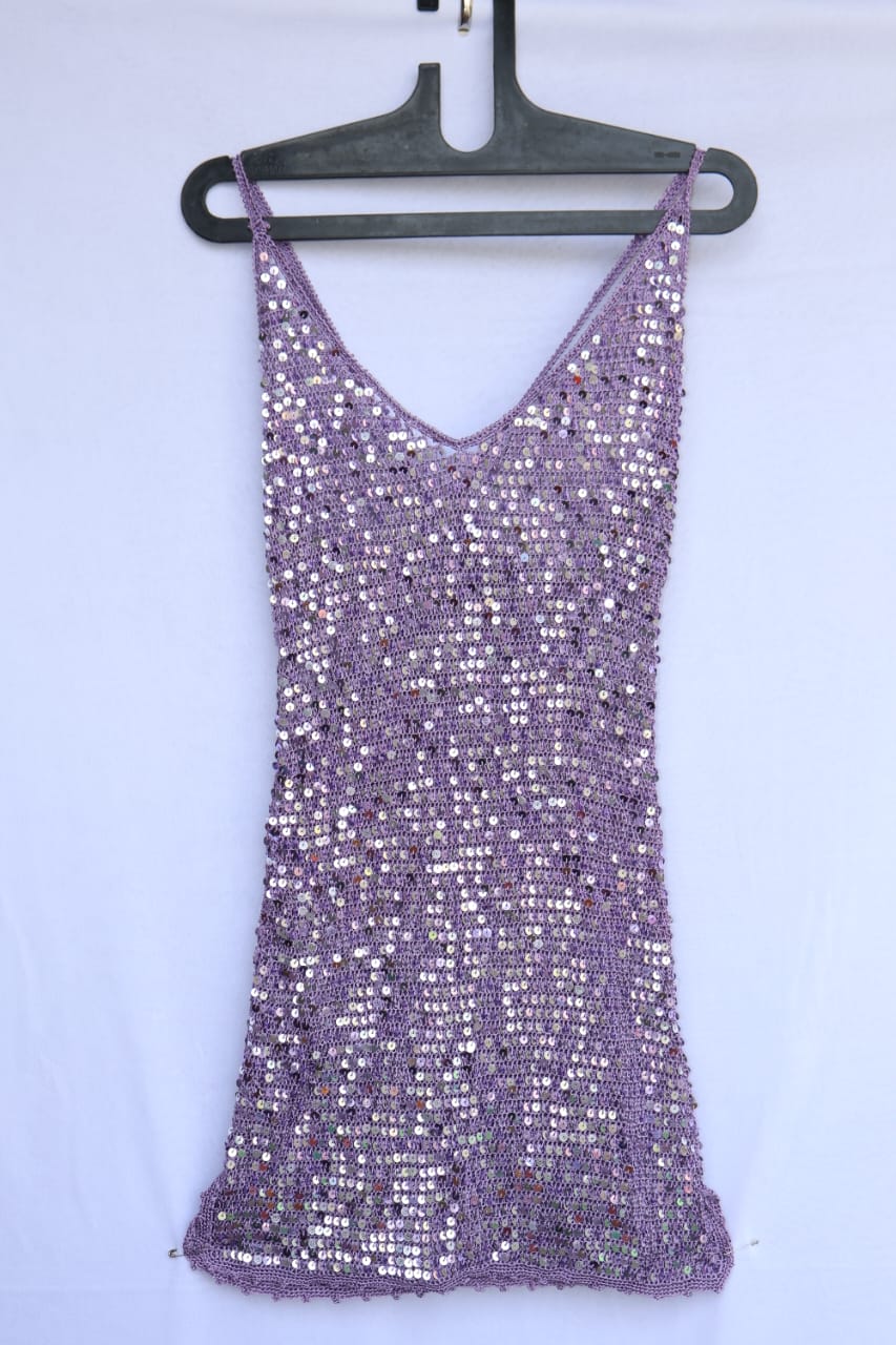 Sequin Embellished Lavender V-Neck Sleeveless Mini Dress