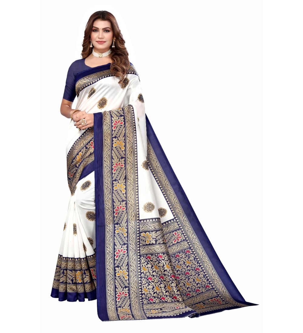 Women's Art Silk Printed Saree with Unstitched Blouse (Navy Blue, 5-6 Mtrs)